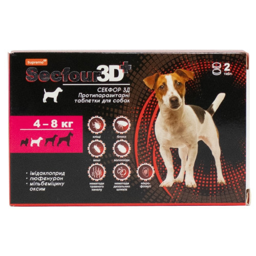 Таблетки Supremo Secfour 3D для собак 4–8 кг, противопаразитарные, 0.4 г, 2 таблетки