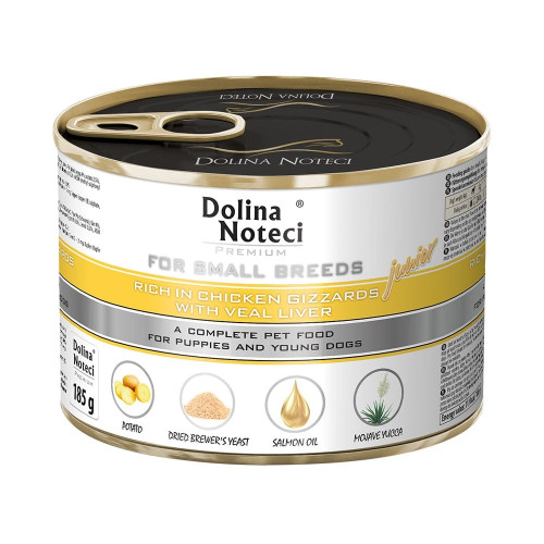 Консервированный корм Dolina Noteci Premium для щенков маленьких пород, куриный желудок и телячья печень, 185 г