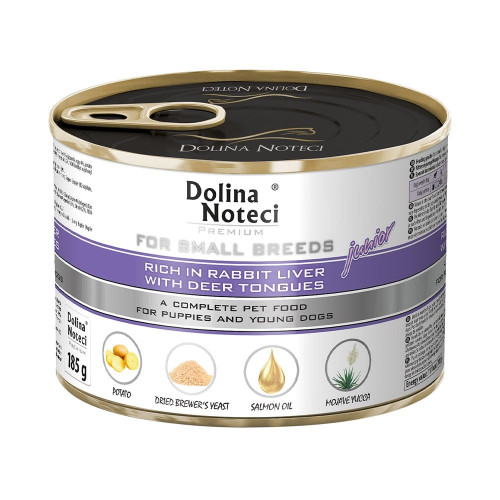 Консервированный корм Dolina Noteci Premium для щенков маленьких пород, печень кролика и язык оленя, 185 г