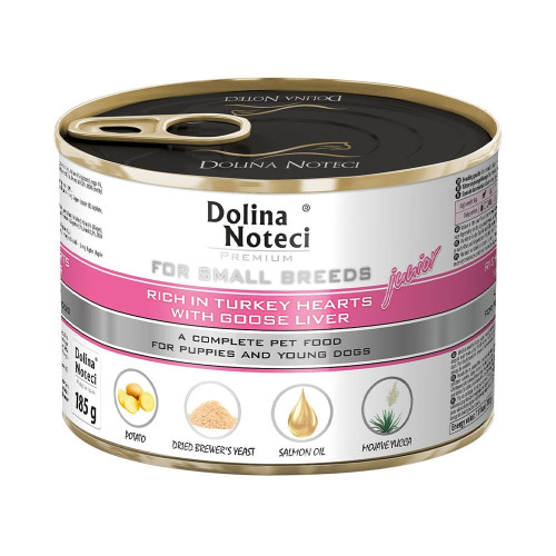 Консервированный корм Dolina Noteci Premium для щенков маленьких пород, сердце индейки и гусиная печень, 185 г