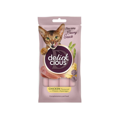Ласощі Delickcious для котів, крем з куркою, сиром, спаржею, 4 шт, 60 г