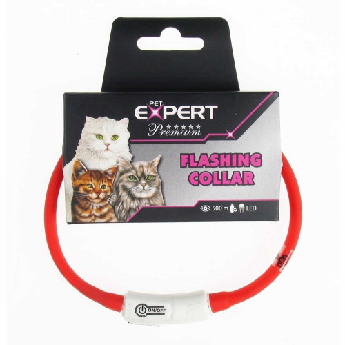 Нашийник Expert для котів, LED, USB, силікон, червоний, 1×35 см