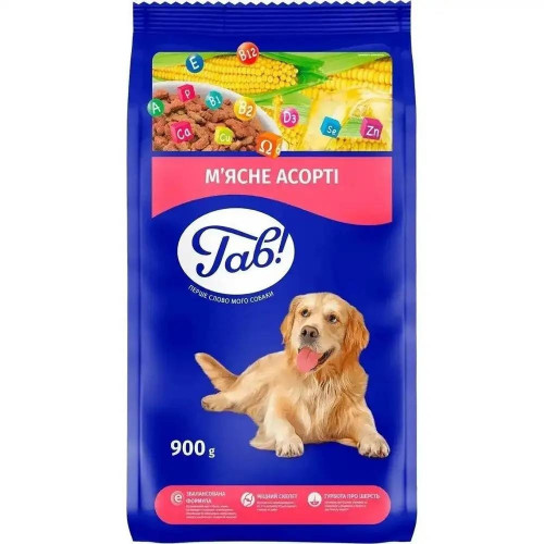 Сухий корм Гав для дорослих собак, м’ясне асорті, 0.9 кг