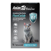 Капли AnimAll VetLine ПроСейф Спот-Он против блох, клещей и гельминтов, для кошек от 2.5 до 7.5 кг, 0.9 мл Капли AnimAll VetLine ПроСейф Спот-Он против блох, клещей и гельминтов, для кошек от 2.5 до 7.5 кг, 0.9 мл