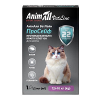 Краплі AnimAll VetLine ПроСейф Спот-Он проти бліх, кліщів та гельмінтів, для котів, від 7.5 до 10 кг, 1.2 мл Краплі AnimAll VetLine ПроСейф Спот-Он проти бліх, кліщів та гельмінтів, для котів, від 7.5 до 10 кг, 1.2 мл