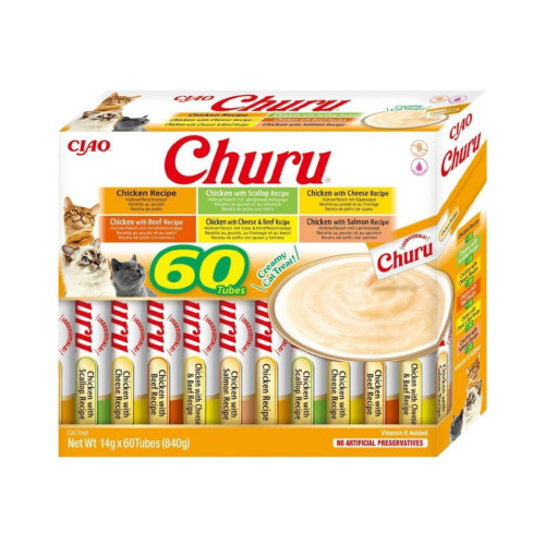 Ласощі Inaba Churu для котів, вершковий мус в стіках, різновиди курки, 60 шт, 14 г