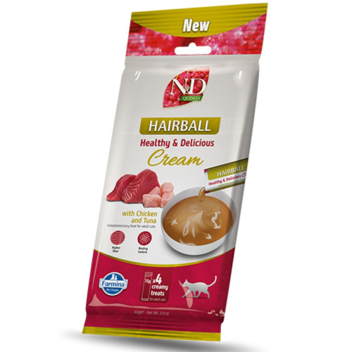 Ласощі Farmina N&D QUINOA CAT HAIRBALL для котів, з куркою та тунцем, кремові, для виведення шерсті, 60 г