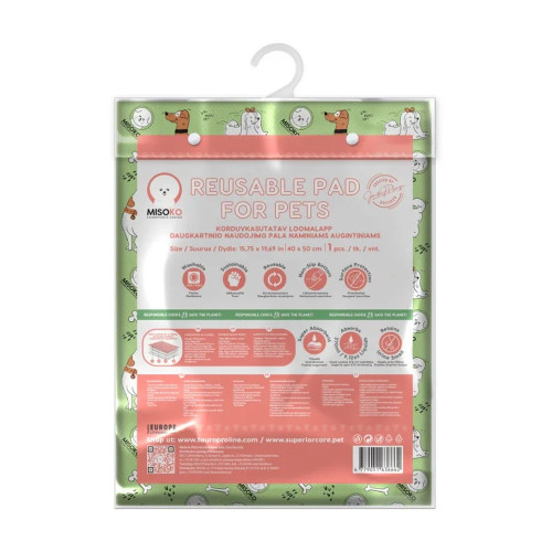 Пелюшка Misoko&Co для собак, багаторазова, цуценята та кісточки, салатова, 40×50 см, 1 шт