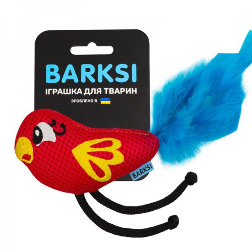 Іграшка Barksi для котів, дентальна, з дзвіночком і пір’ям, папуга, червона