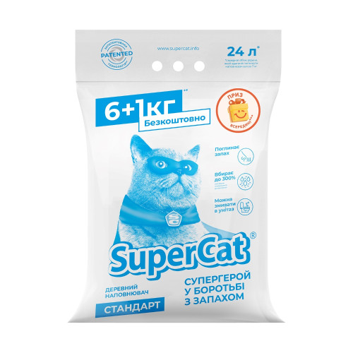 Деревний наповнювач SuperCat Стандарт для котячих туалетів, 6+1 кг