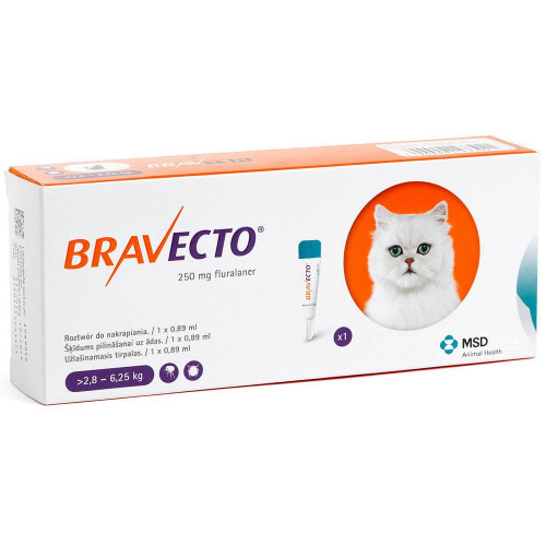 Краплі Bravecto Spot On від бліх і кліщів для кішок середніх розмірів вагою від 2,8 до 6,25 кг, 1 піпетка, 250 мл