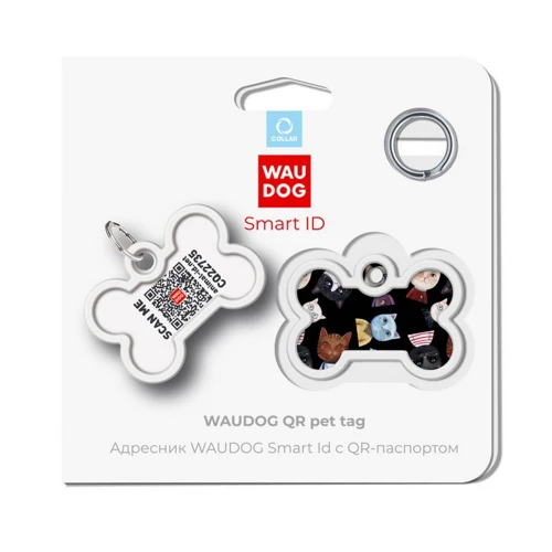 Адресник WAUDOG Smart ID c QR паспортом для собак і котів, металевий, малюнок "Коти", кістка, 40×28 мм
