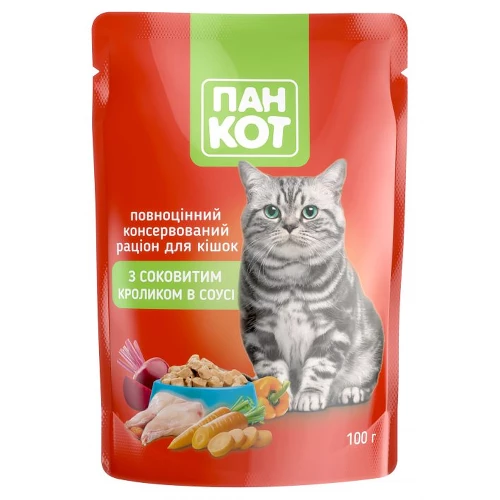 Влажный корм Пан Кот для взрослых кошек, с сочным кроликом в соусе, 100 г