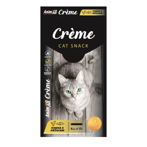 Ласощі AnimAll Сrème для котів, зі смаком курки з лососем, 6×15 г