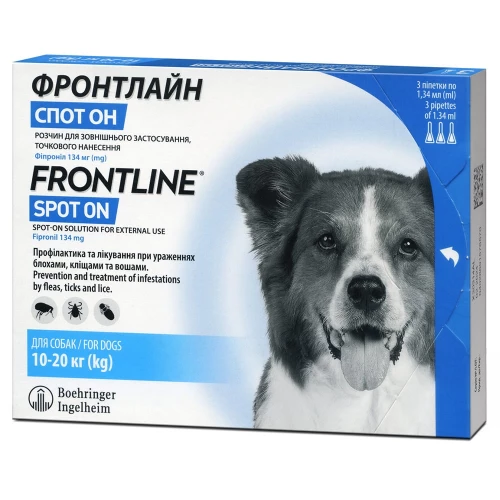 Капли Boehringer Ingelheim Фронтлайн Спот Он от блох и клещей для собак, M, 10-20 кг, цена за 1 пипетку